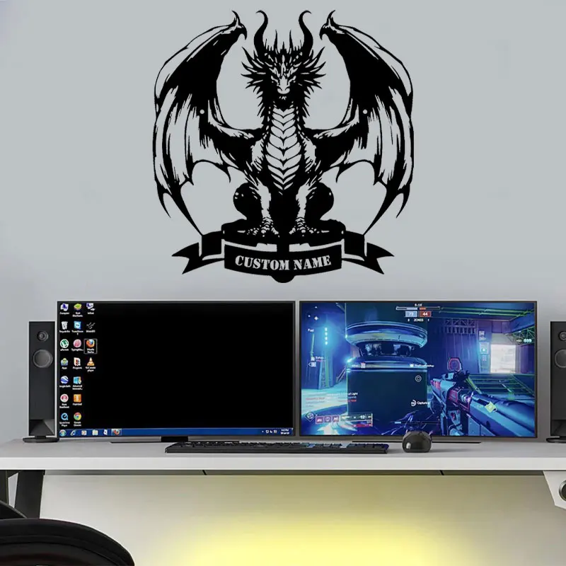 Custom Name Fire-Breathing Dragon Silhouette Wall Decals Vinyl Home Decor for Game Room Interior Art Gamer Bedroom Sticker G180