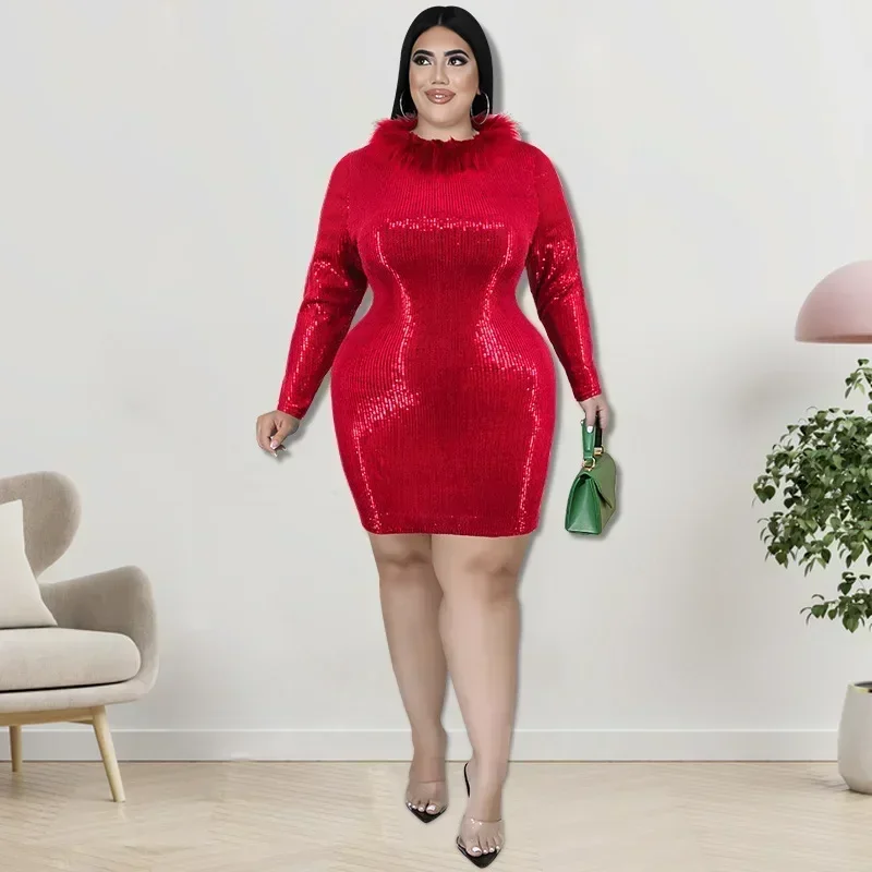 

GUWU Sequined Women Long Sleeve Fur Neck Bodycon Short Dress Plus Size Vintage Female Sexy Party Even Dresses Vestidos