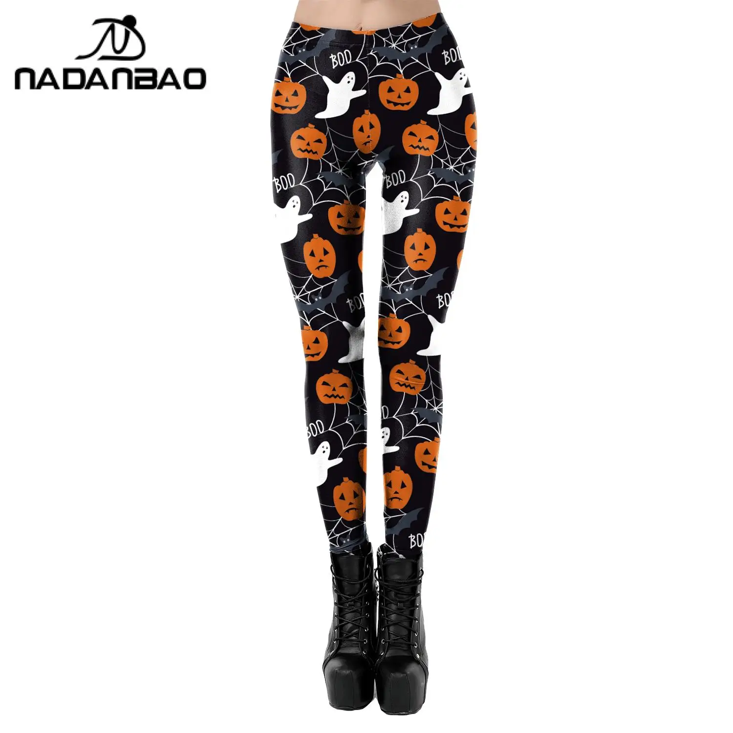 

Nadanbao Halloween Cute Pumpkin Ghost Women 's Trousers Sexy Black Print Tights Elastic Leggings Lady Seamless Pants for Fitness