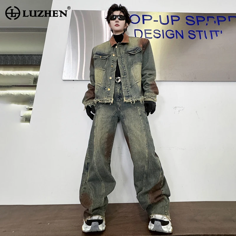 LUZHEN 2024 Fashion Street Wear High Quality Men's Denim Two-piece Sets Wornout Rough Edge Trendy Vintage Straight Jeans LZ1525