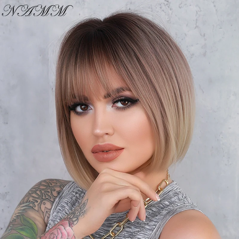 NAMM Women Synthetic Wigs Brown Pink Gradient Blonde Color Short Straight Bob Wigs Cosplay Fake Hair Natural Heat Resistant Wig