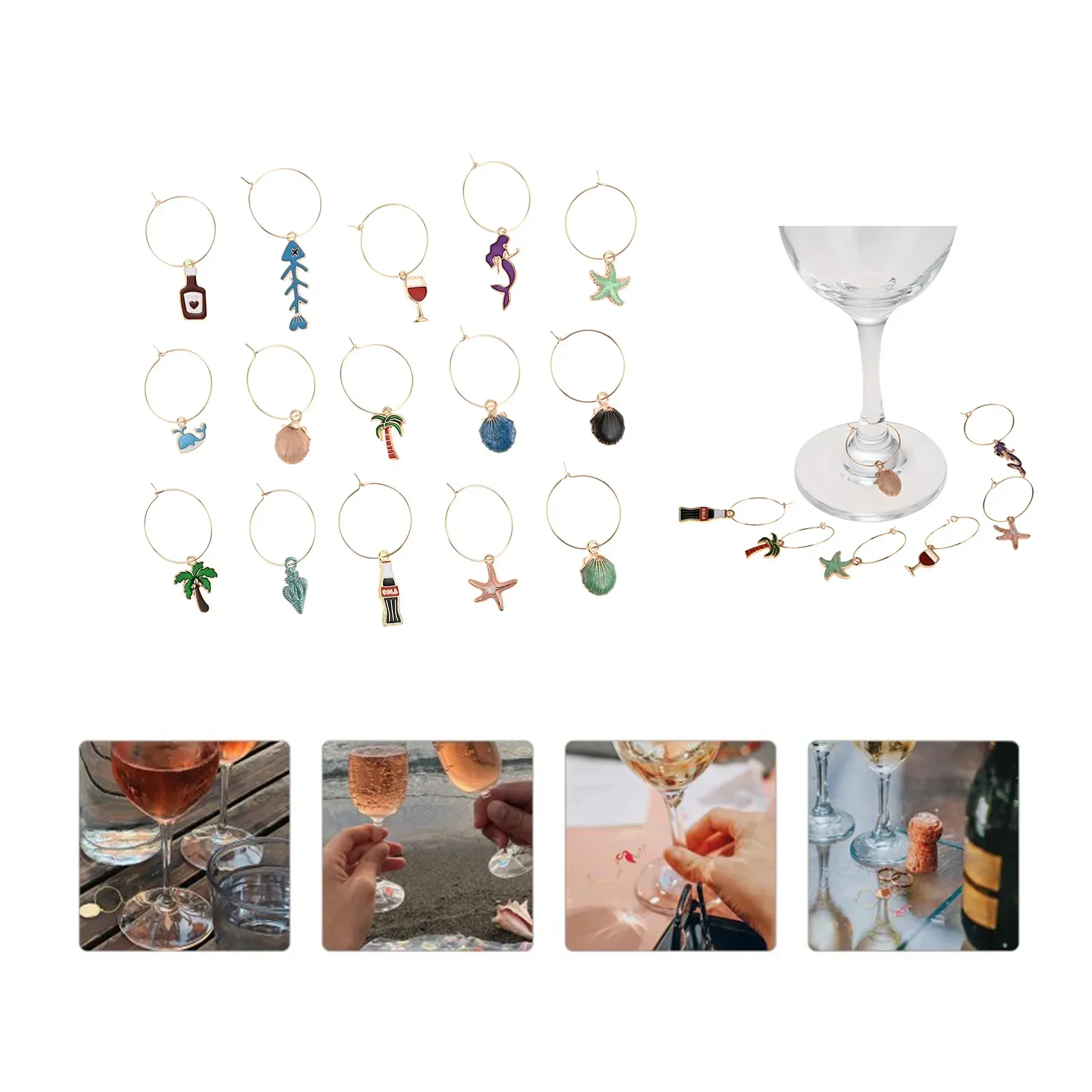 15Pcs/set Wine Cup Markiing Ocean Style Series Red Wine Glass Logo Ring Party Gift Identification Pendant Ring Wine Glass Ring