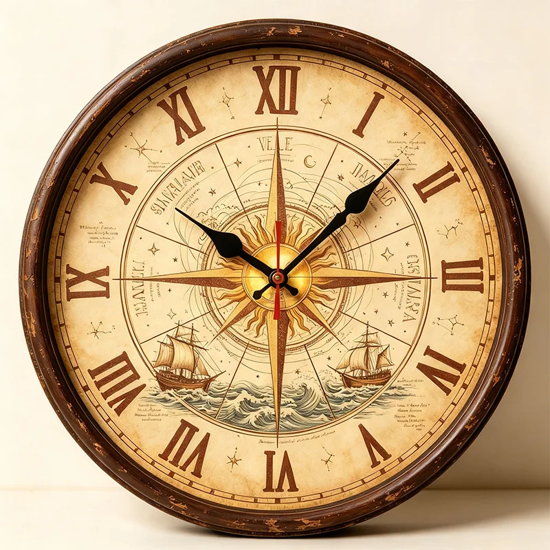 Nautical Compass Wall Clock Retro Sailboat Ocean Wave Roman Numeral Round Wall Watch Silent Non Ticking Distressed Wooden Frame Wall Clock for Coastal Study Library Home Decor