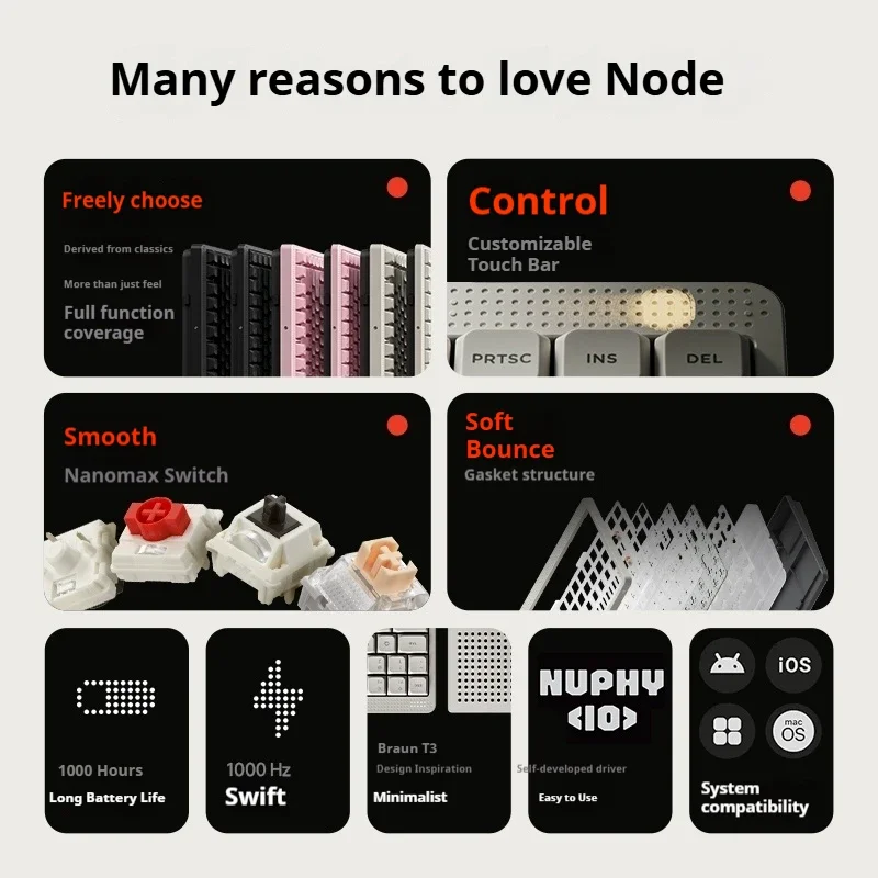 Nuphy Node75 Tri-Mode Wireless Keyboard 1000Hz Gasket Structure Mechanical Keyboard Low-Profile /High-Profile Nano/MAX Switch.