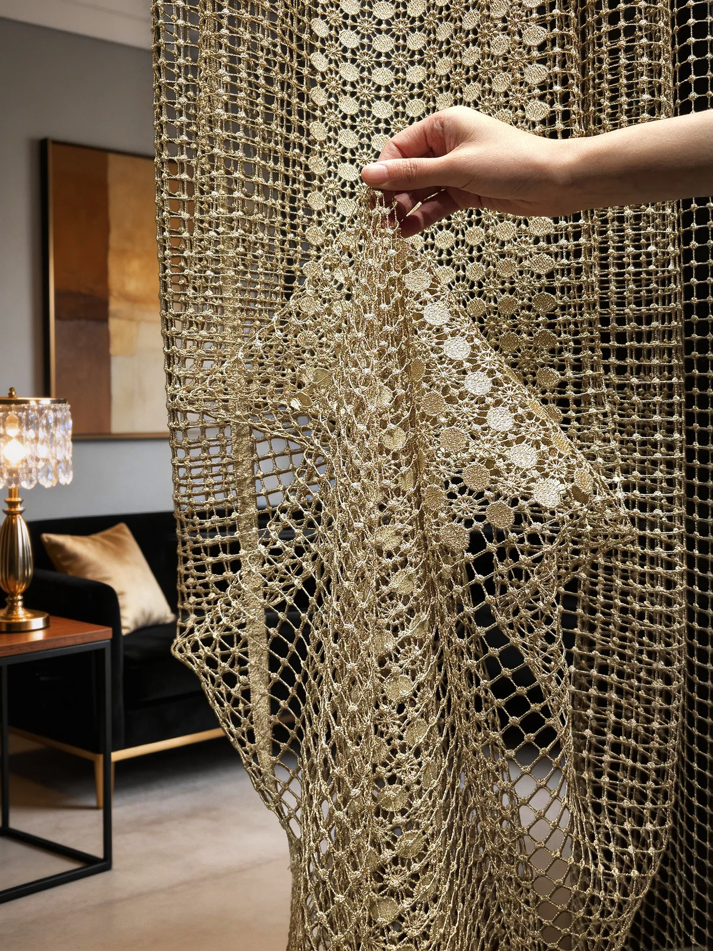 Golden Hollow Gauze Curtains European French American Chinese Light Luxury Living Room Villa Curtains Custom Size Sheer Window