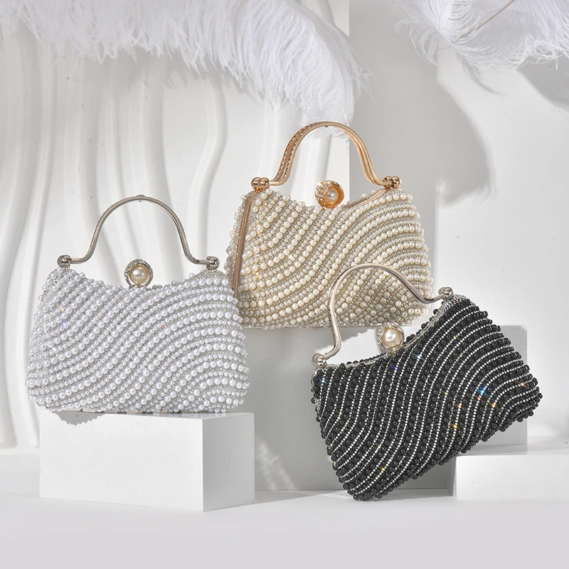 

New Cross Border Handbag Features Wavy Pearl Pattern and Pearl Topped Design Exquisite for Parties Gatherings