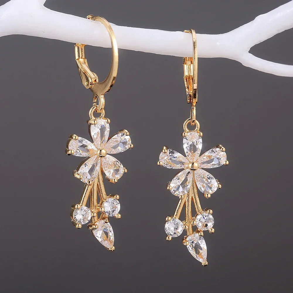 Huitan Romantic Flower Tassel Women Drop Earrings Brilliant Cubic Zircon 5 Color Elegant Female Accessories Party Trendy Jewelry