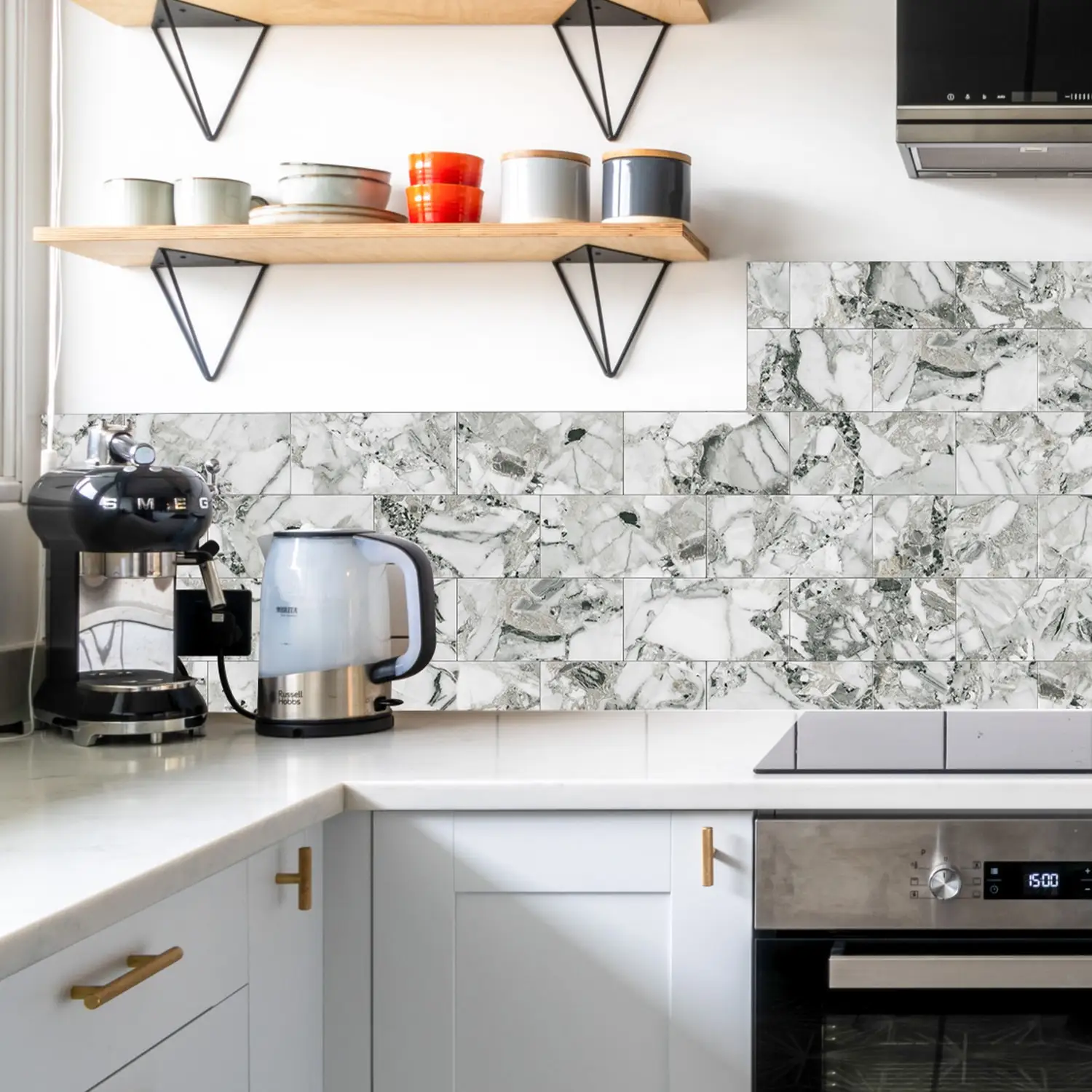 Marble Tile Wall Stickers,16/32/64Pcs Thickened Self‑Adhesive Wall Decals,Waterproof Removable Decor