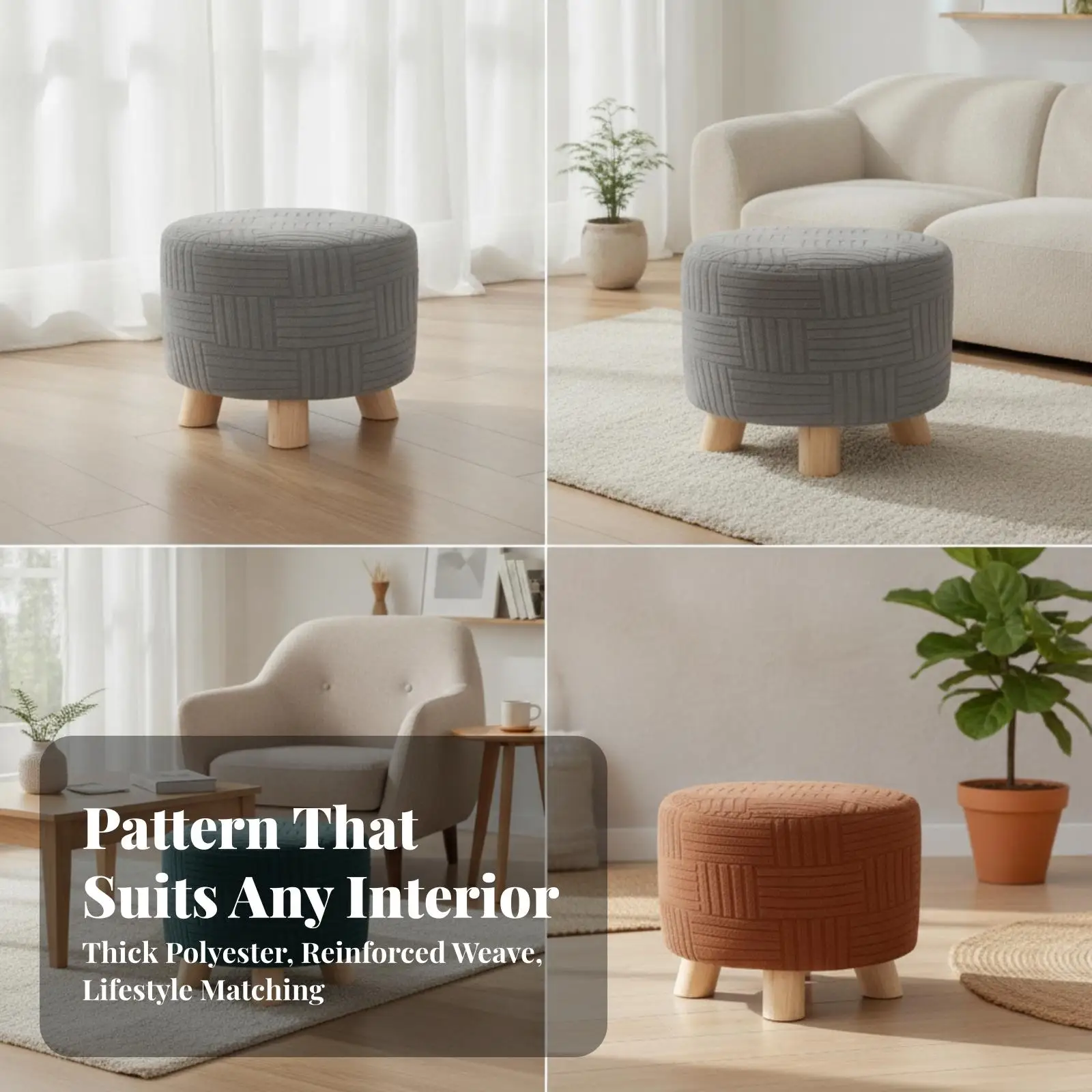 Anti Slip Round Stool Cover Polyester Ottoman Protector Modern Textured Slipcover for Footstool Low Lounge Chair