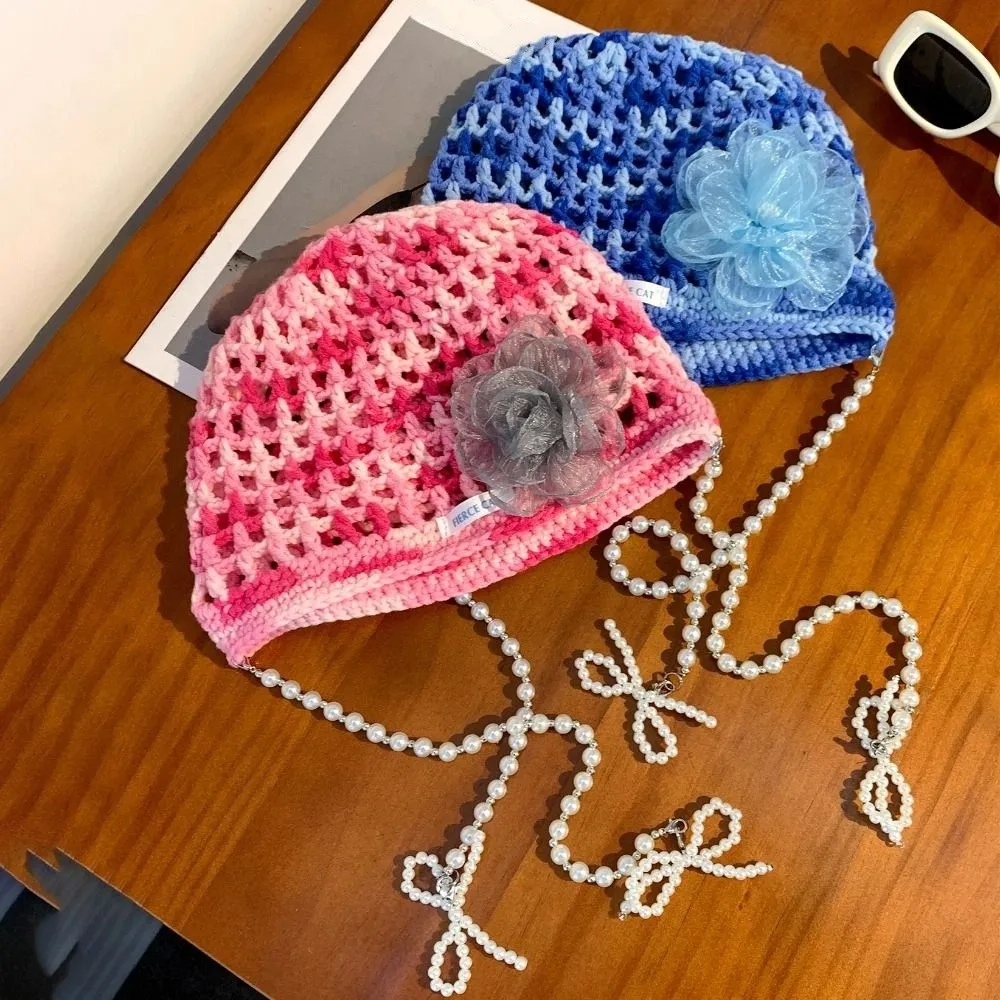 

Casual Bohemian Style Crochet Tassel Beanies Hat Hollow Weave Flower Pullover Cap Thin Dopamine Color Bow Pearl Beanie Cap Girls