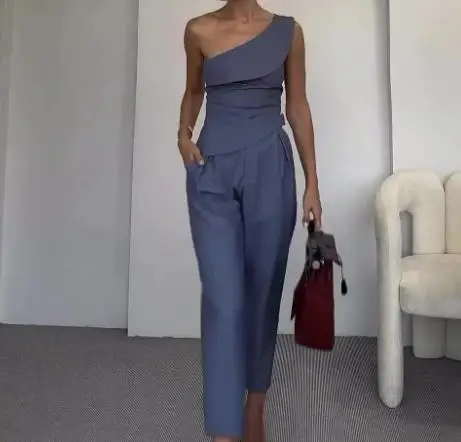 

Women's Two-Piece Set Summer 2025 Spicy Girl Slanted Neck Hanging Neck Slim Fit Top High Waist Straight Leg Pants Set