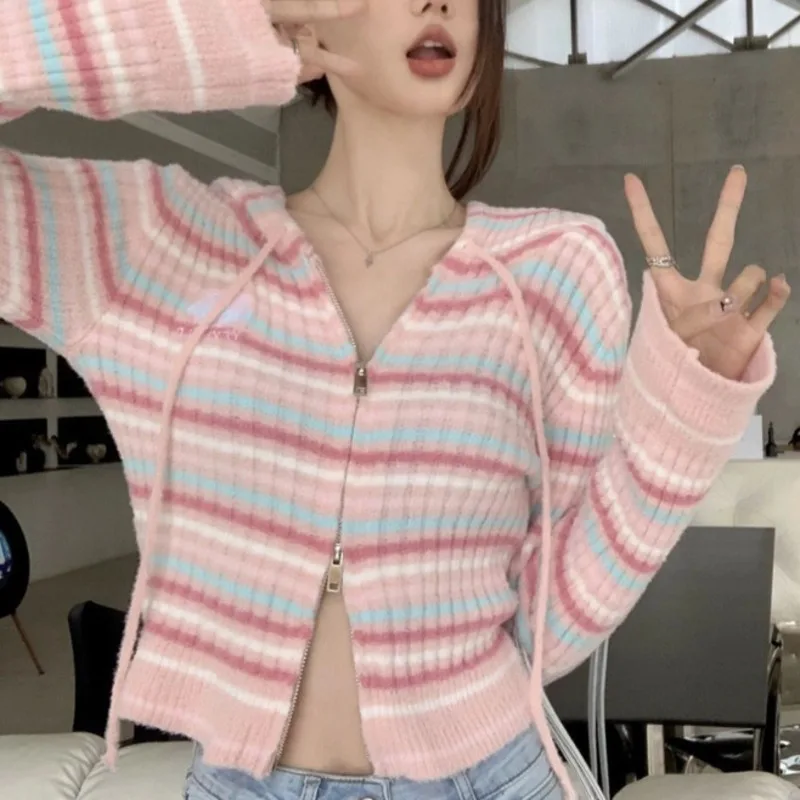 Korean Fashion Style Vintage Cardigan Women Long Sleeve Sweaters Y2k Sexy Autumn Clothes Knit Zip-up Striped Outerwear Crop Top