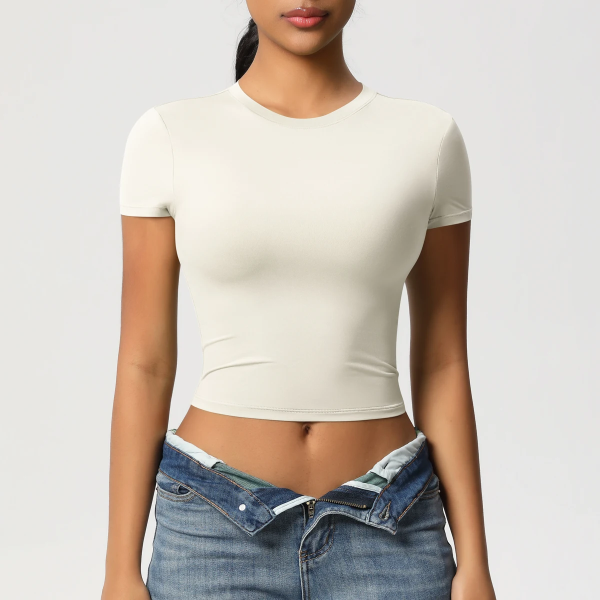 Frauen Sport Shirt Kurzarm Gym Top Workout Kleidung Hohe Elastische Active Wear Femme Lauf Zubehör Fitness T-shirt – Detail 33
