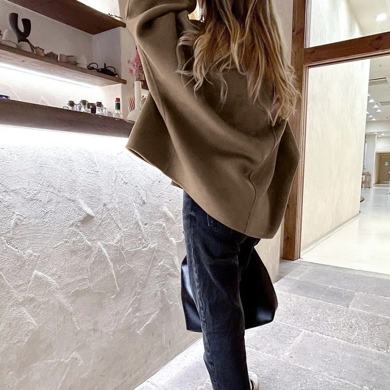 2024 All-match V Neck Solid Color Loose Overcoat Korean Female Single Breasted Short Jackets Autumn Winter Elegant Woolen Coats