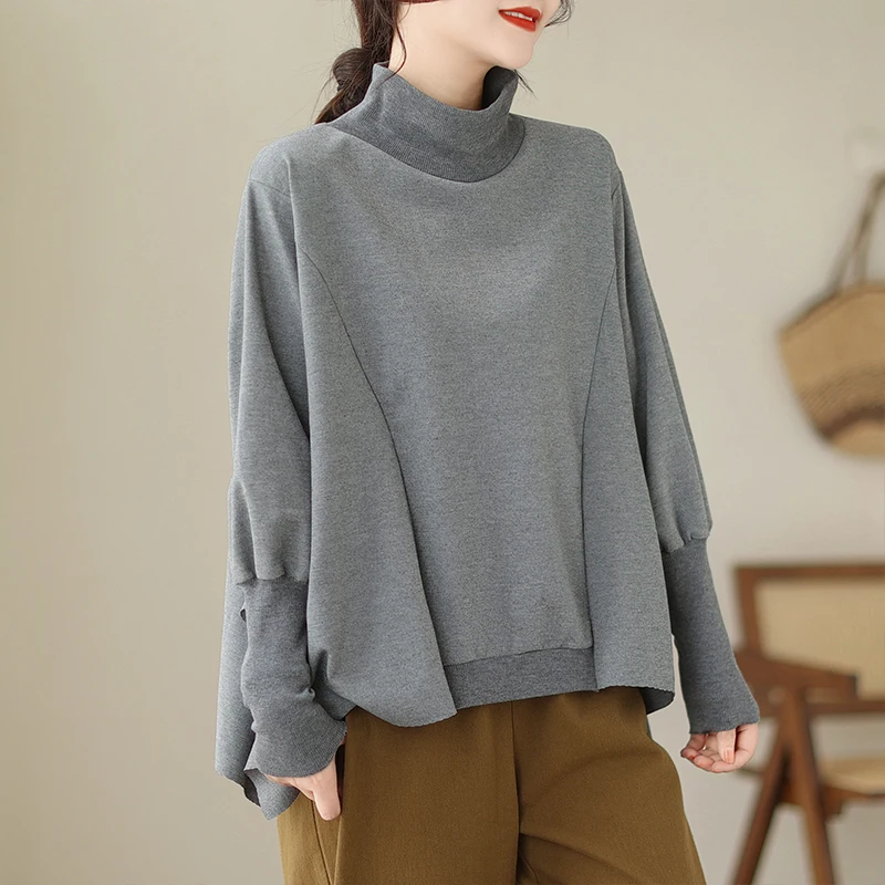 تصميم بسيط Batwing Sve هوديي f عالية الياقة البلوز الخريف جديد Sle المرأة البوليستر طويل Sve مريحة تناسب