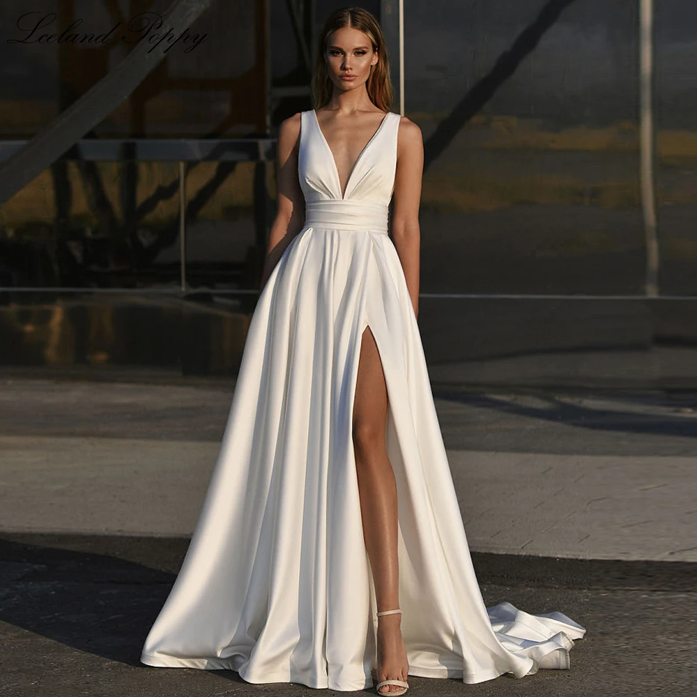 Lceland Poppy Customized Sexy A Line V Neck Satin Wedding Dresses Sleeveless Pleated Waist Backless Bridal Gowns with High Slit