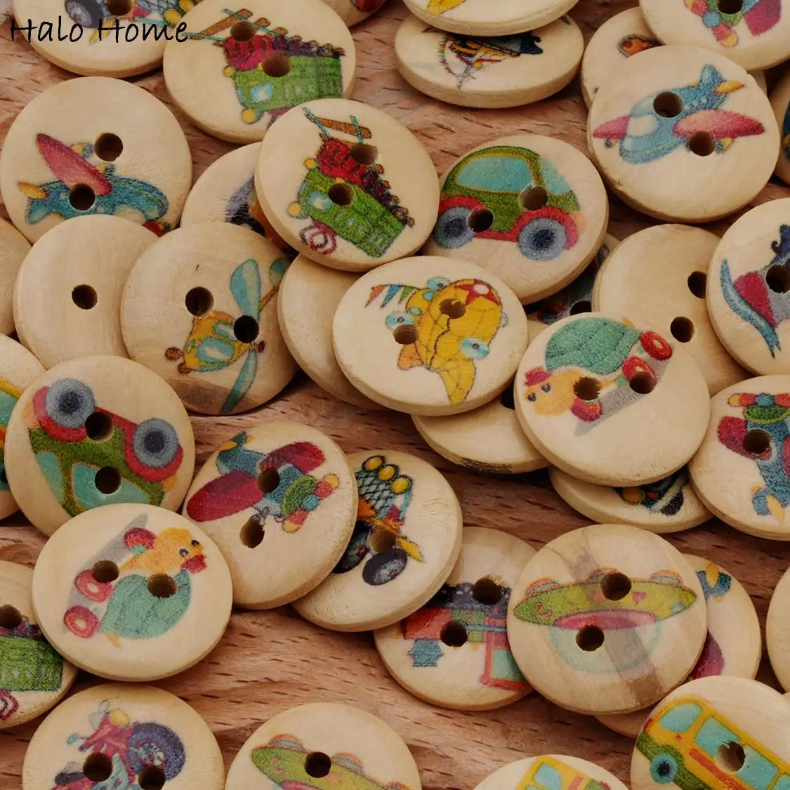 50pcs Cartoon Transportation Wooden Buttons with Airplane/Car/Train/Ship, for DIY Sewing, Kids Crafts & Scrapbooking 15mm