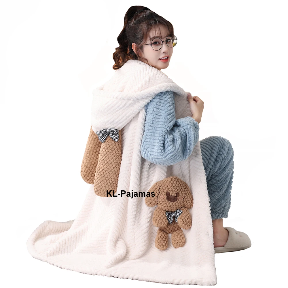 2023 Winter Hooded Long Sleeve Nightgown With Pants Warm Flannel Pajamas Set for Women Cute Cartoon Doll Bear Cosplay Bath Robe