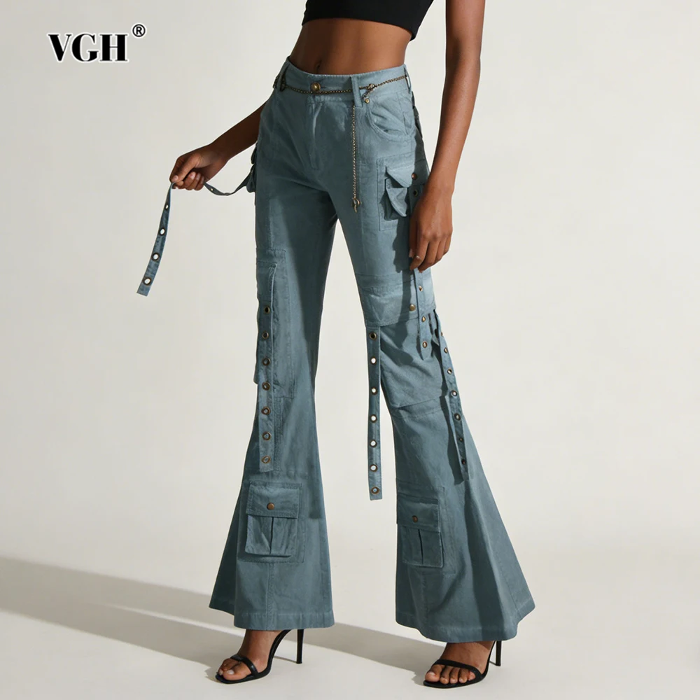VGH Solid Trend Slimming Design Sense Denim Trousers For Women High Waist Spliced Metal Summer Temperament Jeans Female Fashion