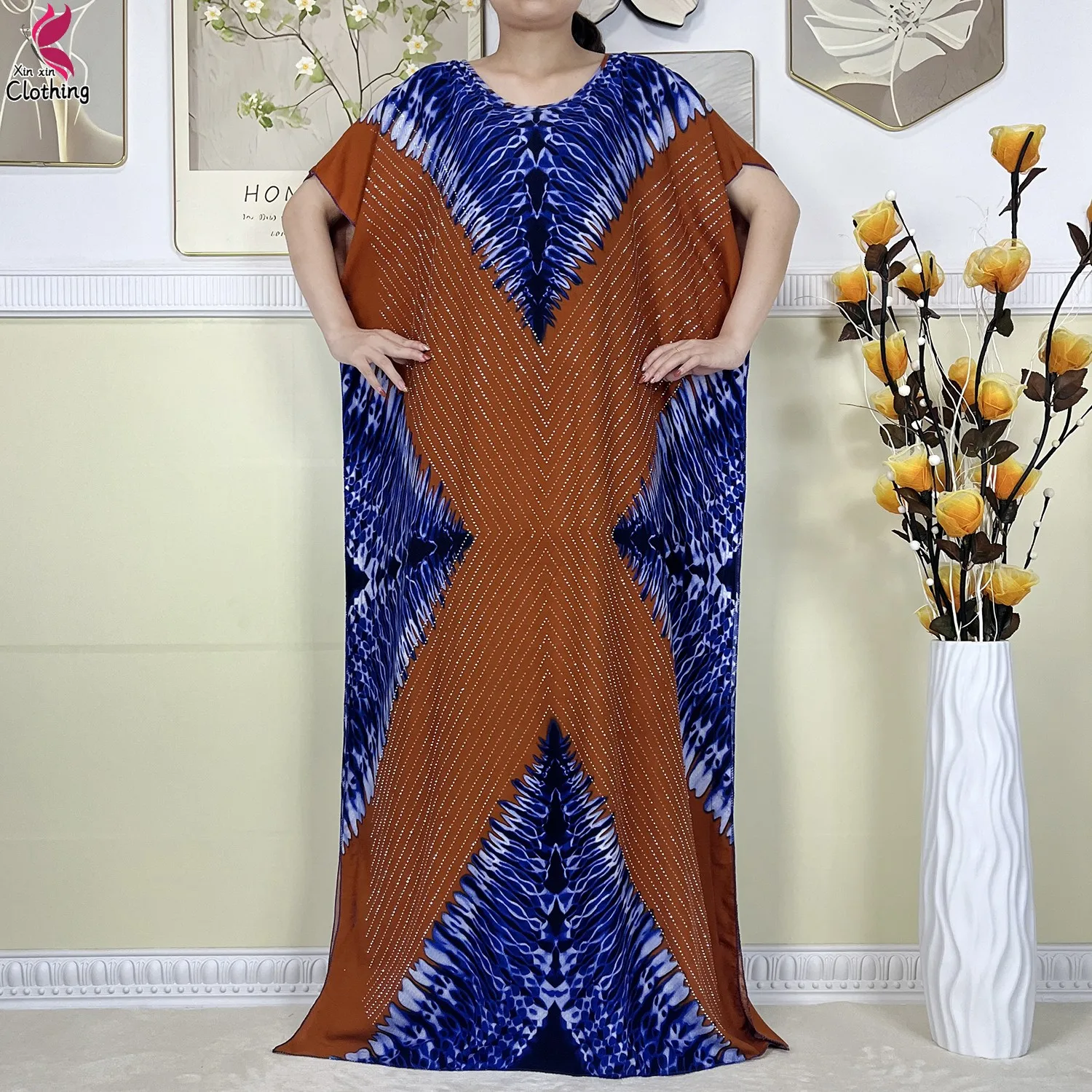 2024 New Dubai Muslim Suit Pure Cotton Dress African Women Dashiki Loose Robe Lady Maxi Summer Short Sleeve Dress With Big Scarf