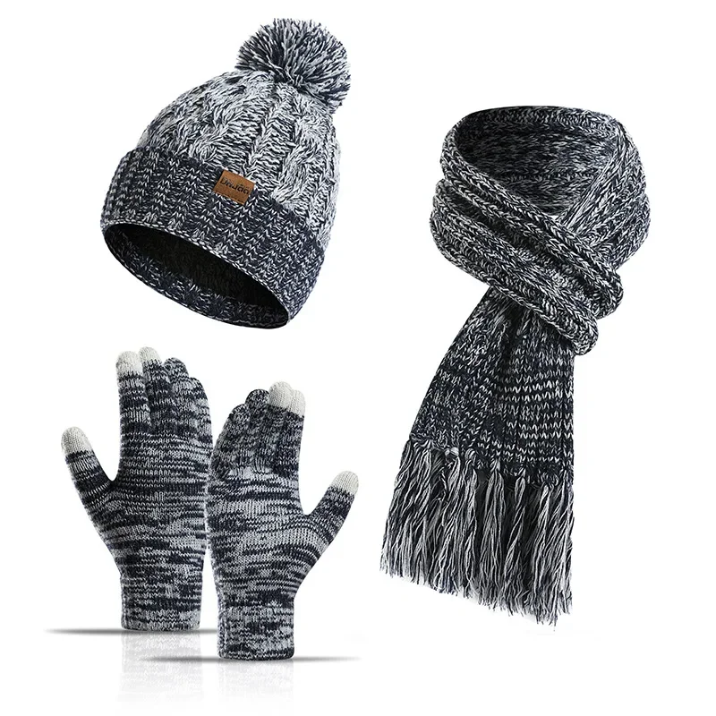 Autumn Winter Fashion Trend European American Colorful Knitted Thickened Hat Scarf Touch Screen Glove Warm Three Piece Set Gift