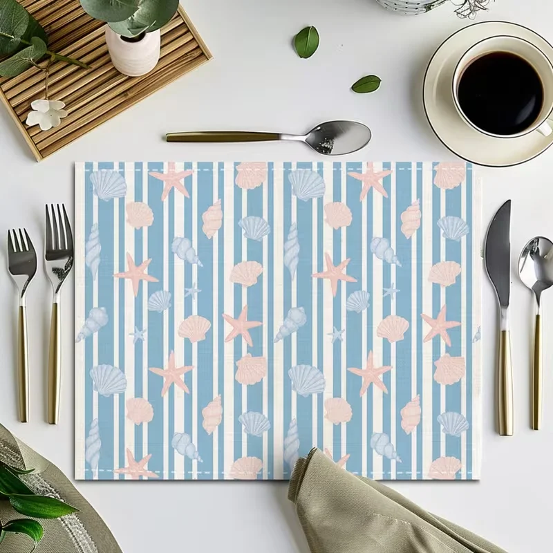 Light Blue Stripe Seashell Starfish Placemat Coastal Nautical Print Coquette Decor For Beach Dining Kitchen Table Summer