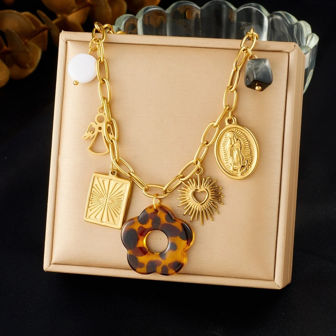 

18K Gold Plated 316L Stainless Steel Multi-Charm Paperclip Chain Bracelet with Acrylic & Stone Accents for Women