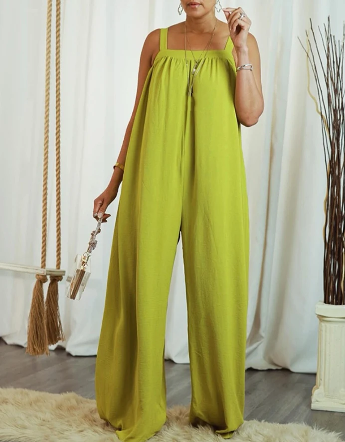 2024 Women's New Summer Pocket Design Square Collar Pleated Backless Jumpsuit