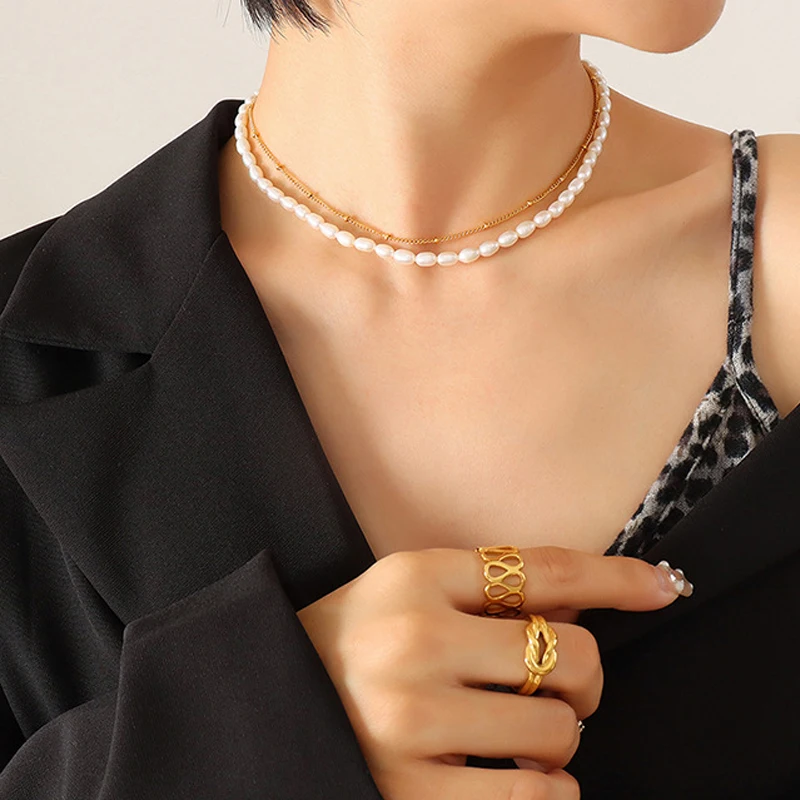 

Double Layer Necklace For Women Stainless Steel Thin Chain Full Freshwater Pearl Beads Women Choker Elegant Clavicle Jewelry