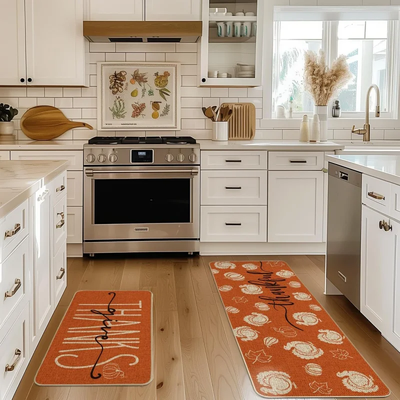 Turkey Pumpkin Maple Leaves Thanksgiving Kitchen Mats Set of 2, Home Decor Low-Profile Kitchen Rugs for Floor