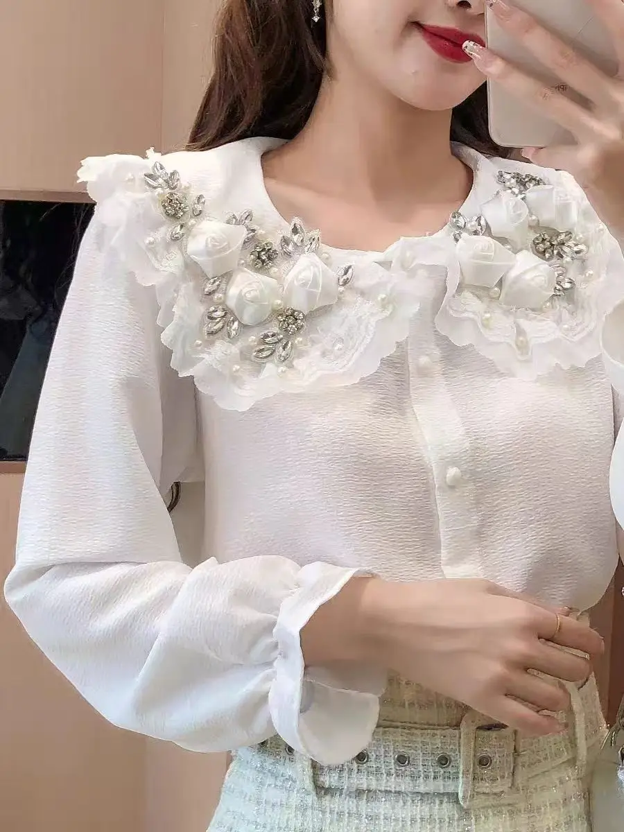 New In Autumn 2024 Beaded Diamonds 3D Flowers Stitch White Chiffon Blouses Shirts Women\'s Long Sleeve Shirt Top Blusas