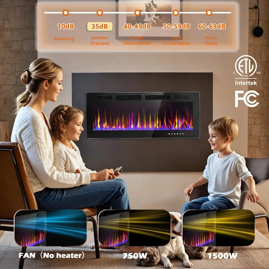42 inch Electric Fireplace Recessed and Wall Mounted with 750 1500W Heating Capacity Linear Flame Design Touch Screen Control P