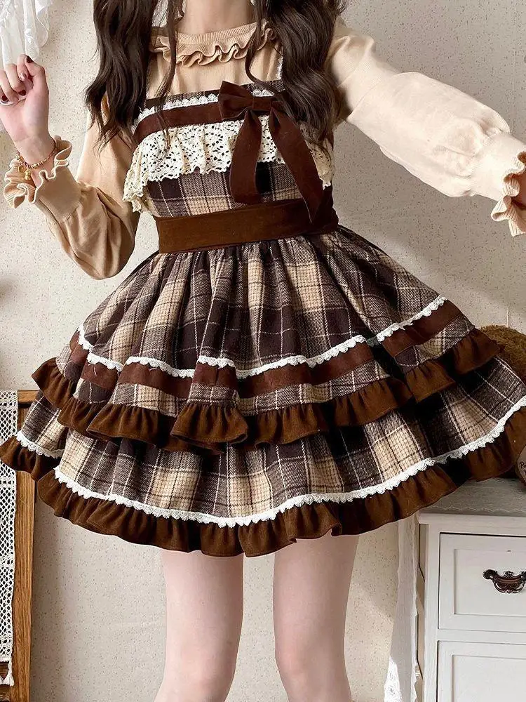 Japanese Style Original Bowknot Plaid Cape Coat 2025 Autumn Winter New Sweet Girl Strap Dress Olita Retro Cloak Three-Piece Set