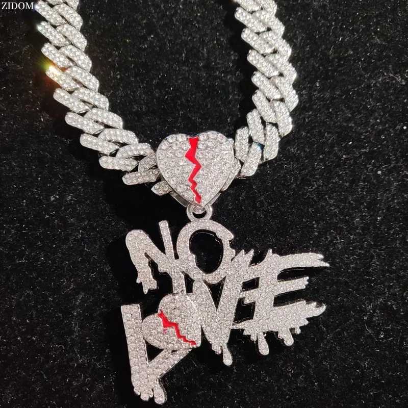 Men Women Hip Hop No Love Heart Pendant Necklace with 14mm Cuban Chain HipHop Iced Out Bling Hiphop Necklaces Fashion Jewelry