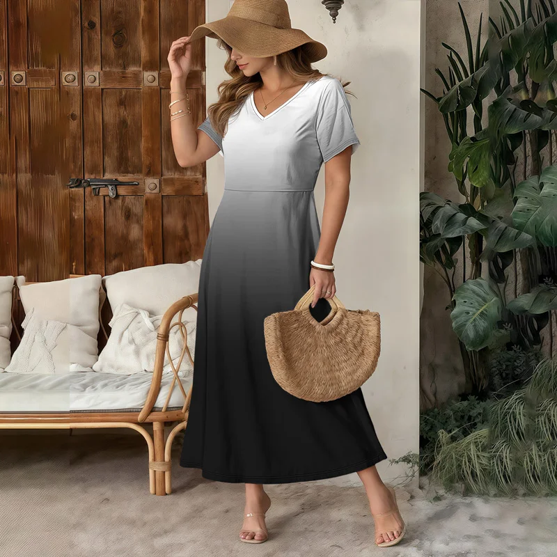 Hoge taille gradiënt zomer dames maxi-jurk V-hals korte mouw vakantie strandjurk dames business casual kleur jurk zomer