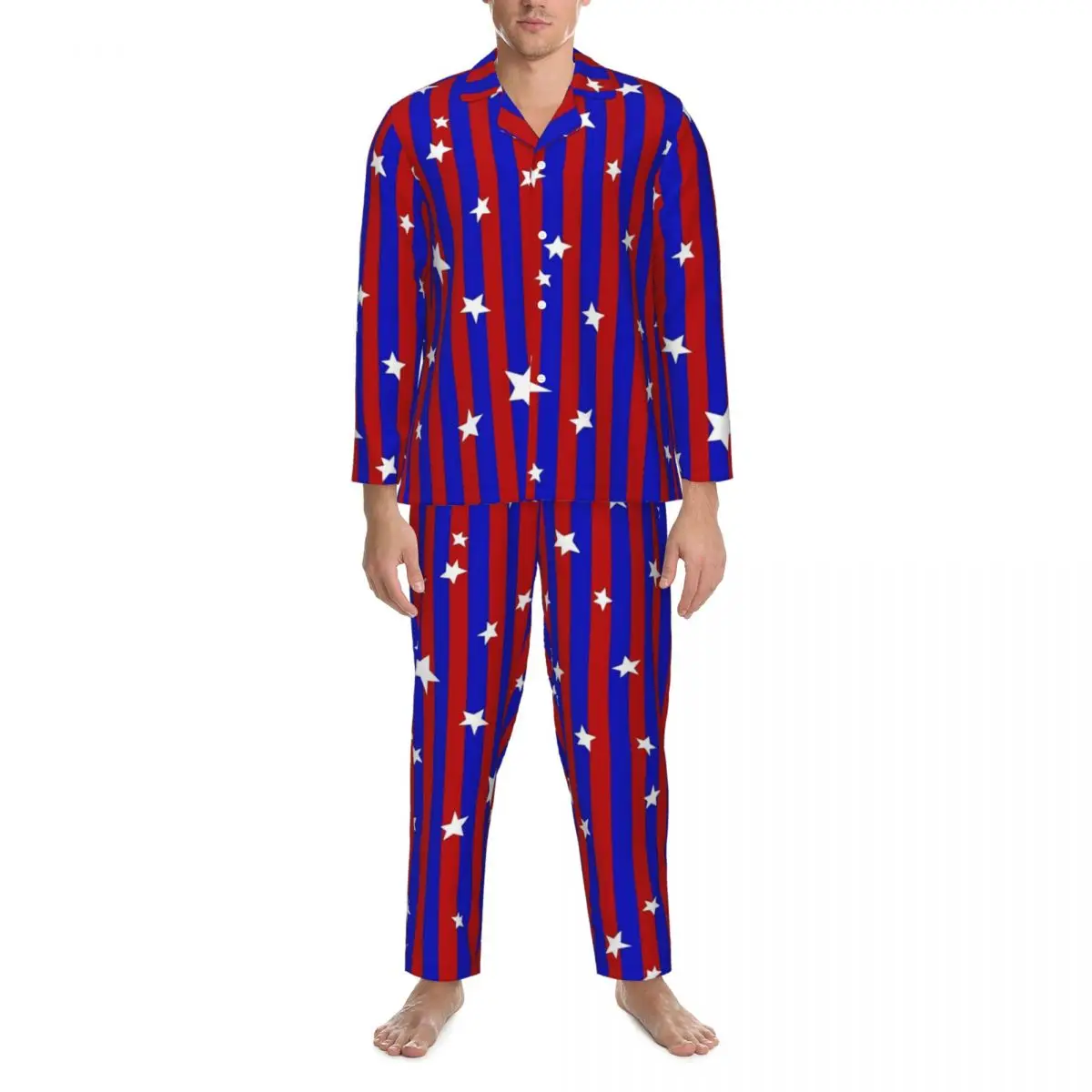 Stars And Striped Pajamas Men Red And Blue Lovely Leisure Sleepwear Autumn 2 Pieces Casual Oversize Design Pajama Set