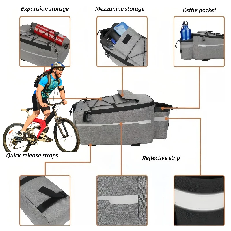

Bike Trunk Bag - Insulated Cooler Pouch Lightweight Polyester Reflective Strips for Night Safety Detachable Shoulder Strap