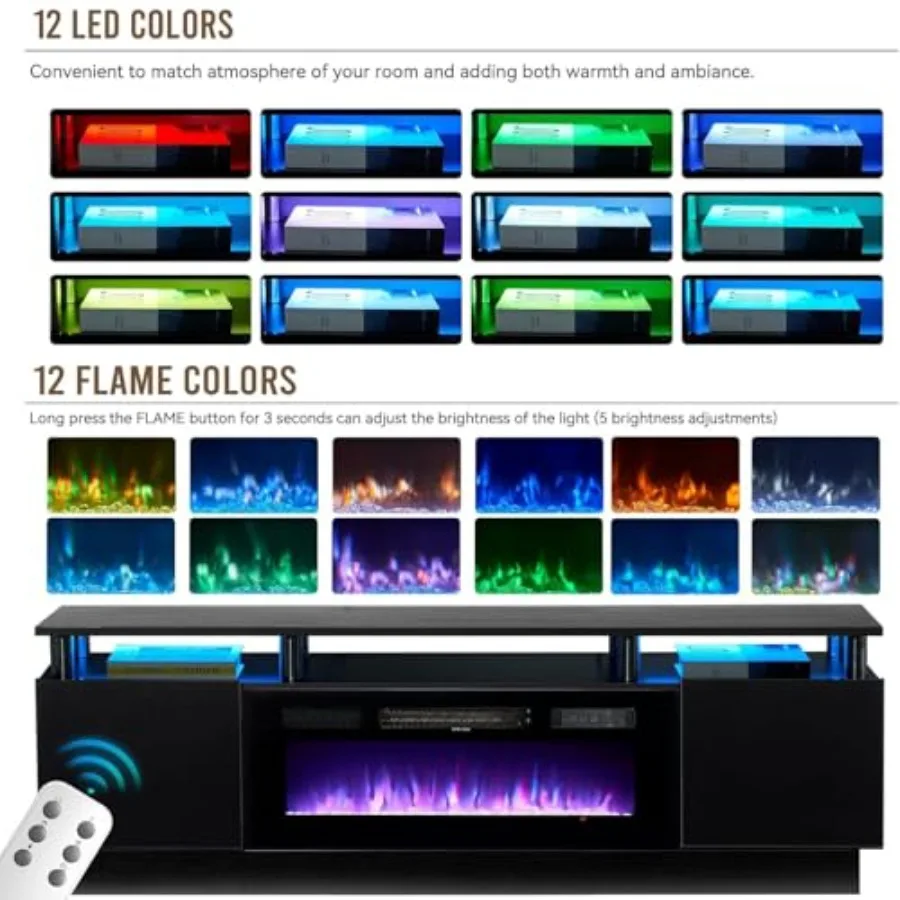 Suporte de TV com lareira moderna com 36 lareiras elétricas para TVs de até 80 polegadas Centro de entretenimento com luz LED com cabine de alto brilho