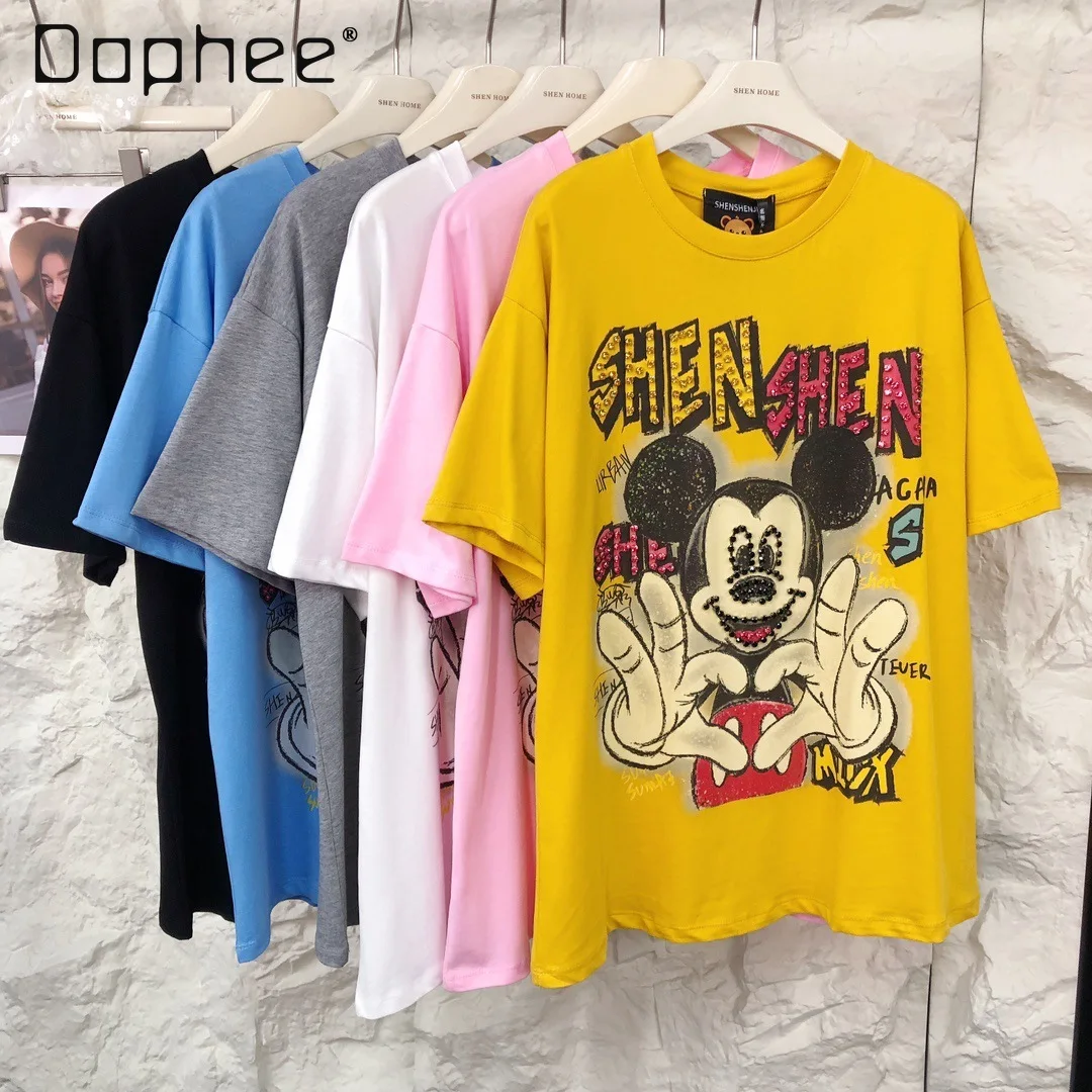 

2025 Summer New Tide Brand Cartoon Printing Casual Versatile Solid Color Short Sleeve T-Shirt Round Neck Rhinestone Y2k Top