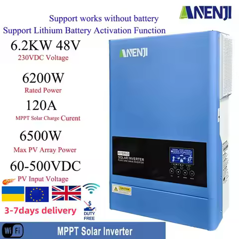 6.2KW Hybrid Solar Inverter 230V 48V Pure Sine Off Grid On Grid Inversor 120A MPPT Solar Charge Controller for PV Solar Panels