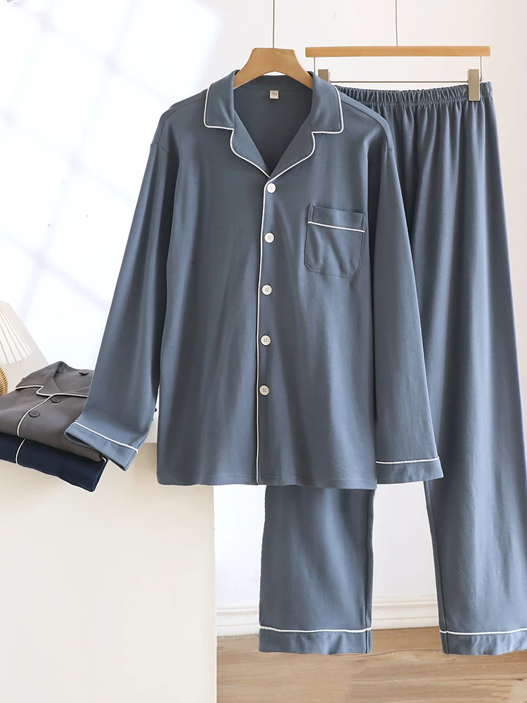 和風シンプルな純綿メンズパジャマ長袖ラペルオープンカーディガンホーム服セット秋冬屋外に適しています