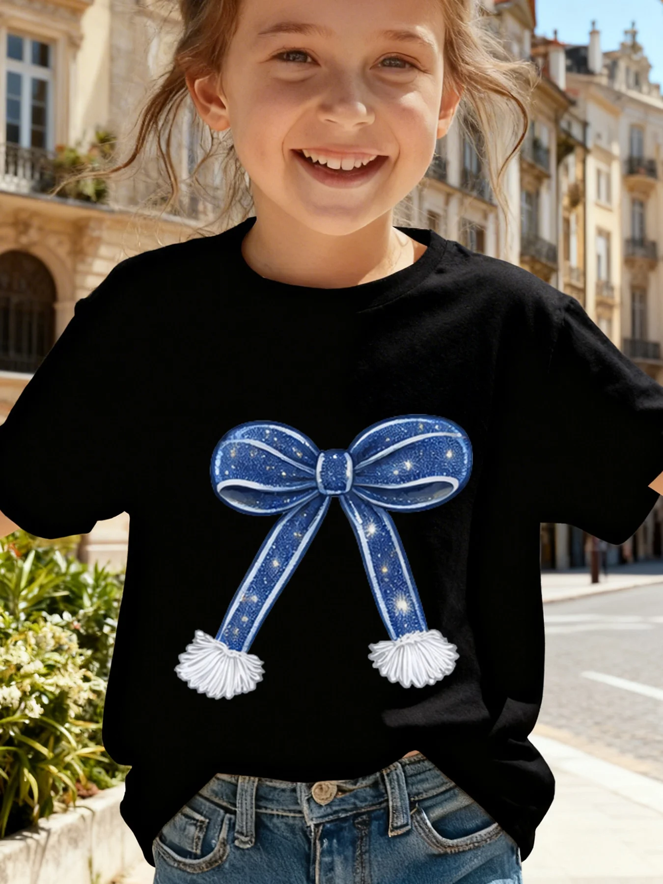New Children's Fun Blue Knot Pattern T-Shirt, Kids' Daily Casual O-Neck Short Sleeve Tee, Spring/Summer Home & Outdoor Holiday Apparel, Simple Versatile Harajuku Style Clothing