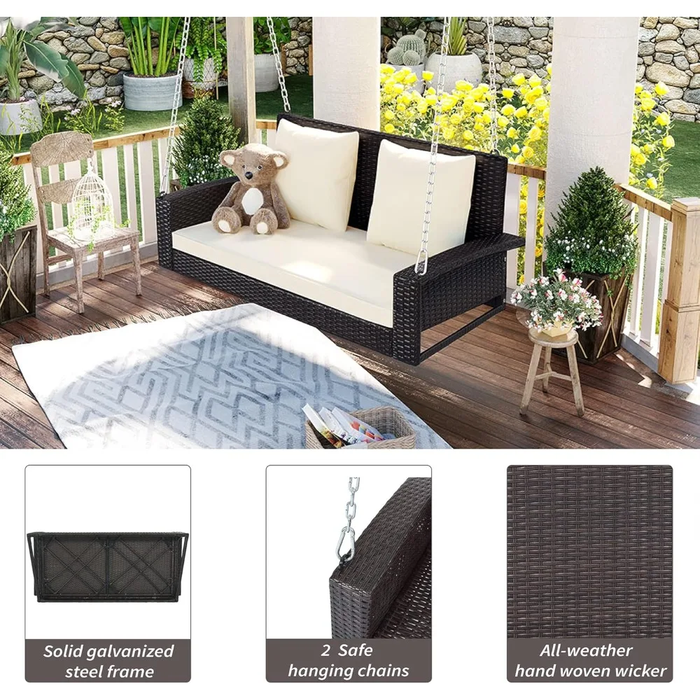 パティオポーチスイング、屋外スイングチェアベンチ、チェーン付き籐製ハンギングポーチスイング、クッションと枕付き、ラタンスイングベン