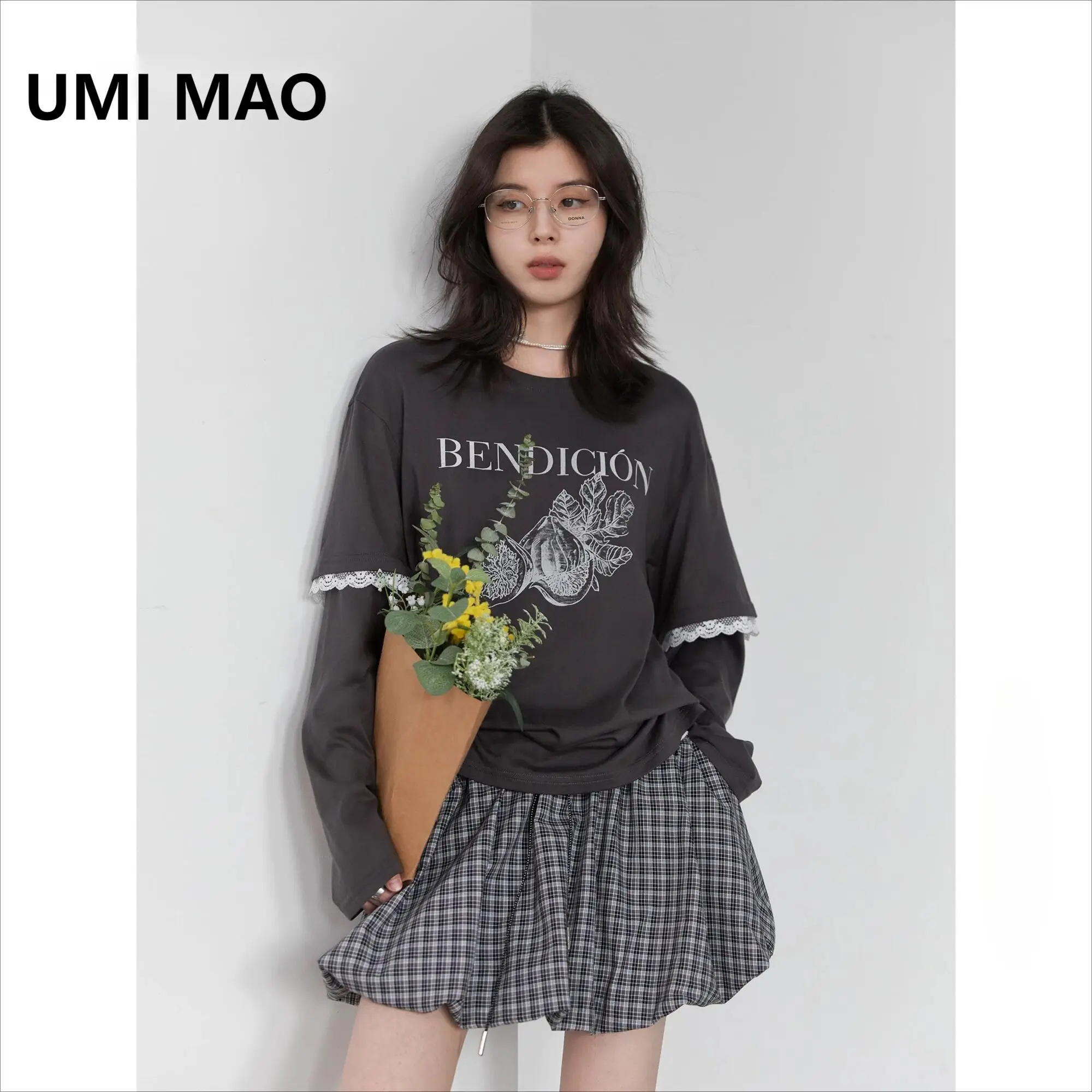 

UMI MAO Women T-Shirts O Neck Cotton Loose Casual New Patchwork Lace Letter Tees Female Long-sleeved Top Spring Summer