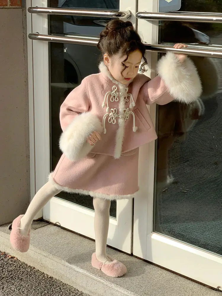 

Pink Coat+Sundress 2PCS Kids Winter Princess Artificial fur Clothes Set Toddler Girl Autumn Clothing Children Elegant Suit