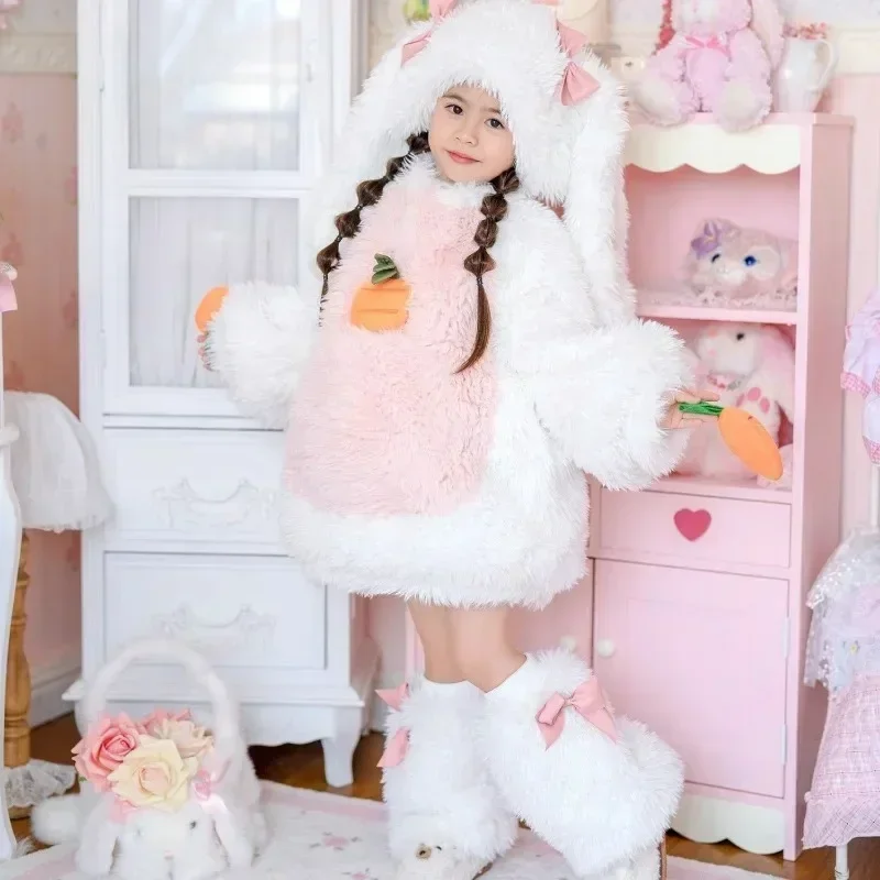 Children's Fashion Rabbit Plush Set with Bow Elements Winter New Cute Long Eared Hat Sweater Shorts Leg Set Rabbit Baby