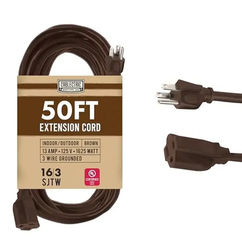 

Weatherproof 50 Ft Brown Outdoor Extension Cord 13 AMP Heavy Duty Electrical Cable Garden Patio Yard 3 Prong 16 AWG 16/3 SJTW