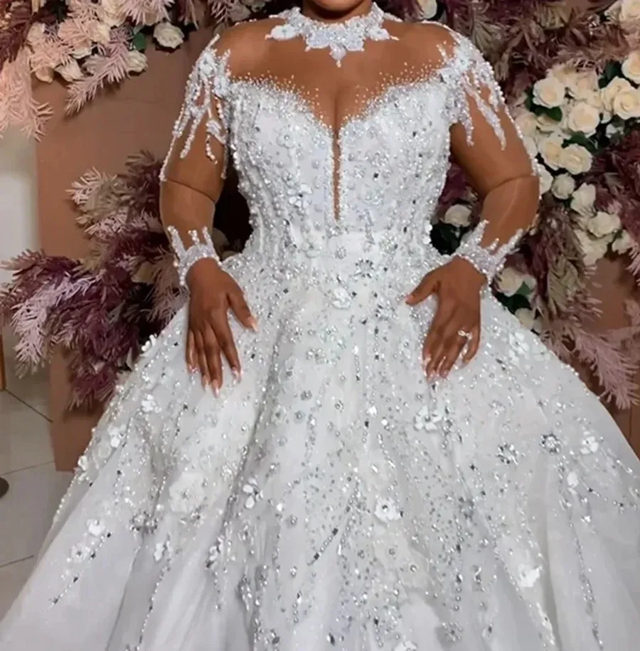 

Hot African Wedding Dress 2026 High Neck Long Sleeve Crystals Beads Flowers Puffy Bridal Gowns Bride Dresses Vestidos De Noiva