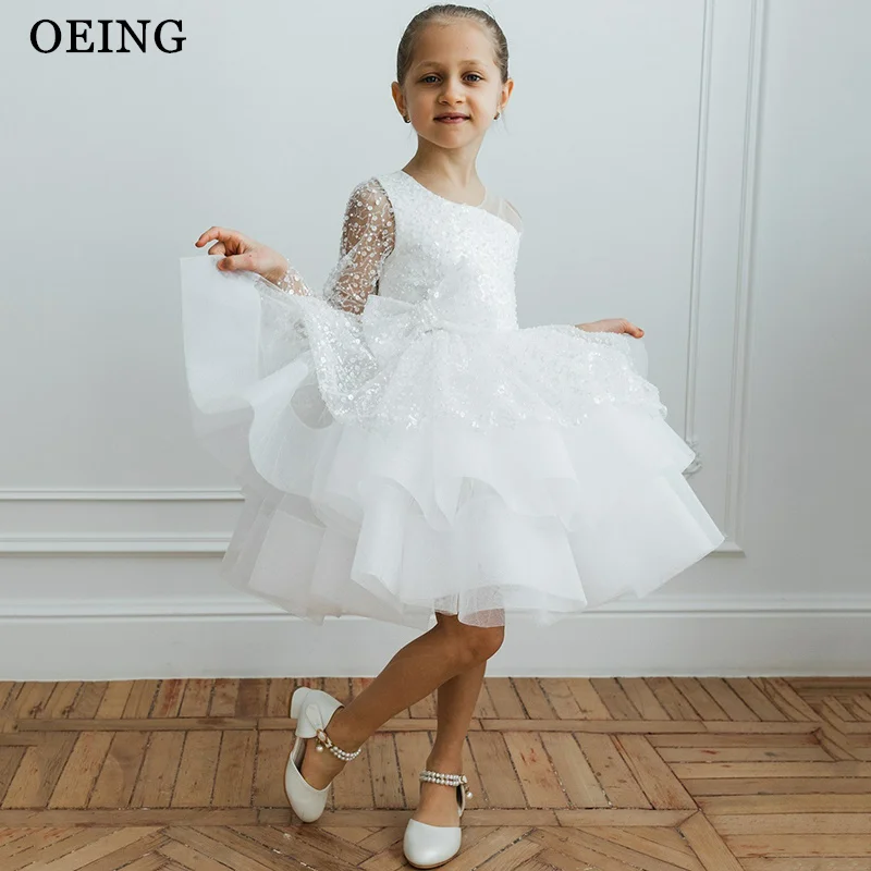 OEING Sparkly A-Line Flower Girl Dresses Ivory Sequined Tiered Midi Wedding Party Dress Princess Girl Birthday Dress Customized