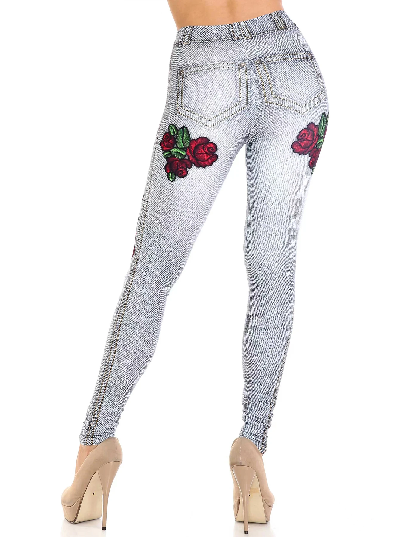 New High-waisted Imitation Denim Leggings Women Europe And America Sexy Tight Height Elastic Rose Nine-point Pants Women